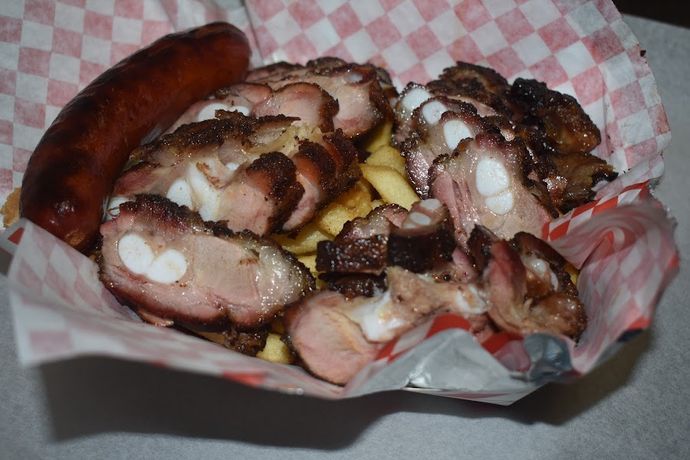 Rib tips and hot link over fries